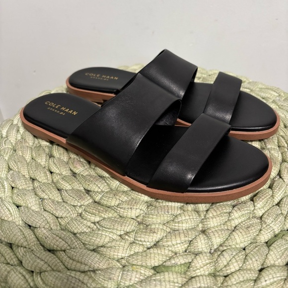 NEW Cole Haan Anica Black Leather Double Strap Slide Flat Sandals Size 7 - Picture 3 of 11